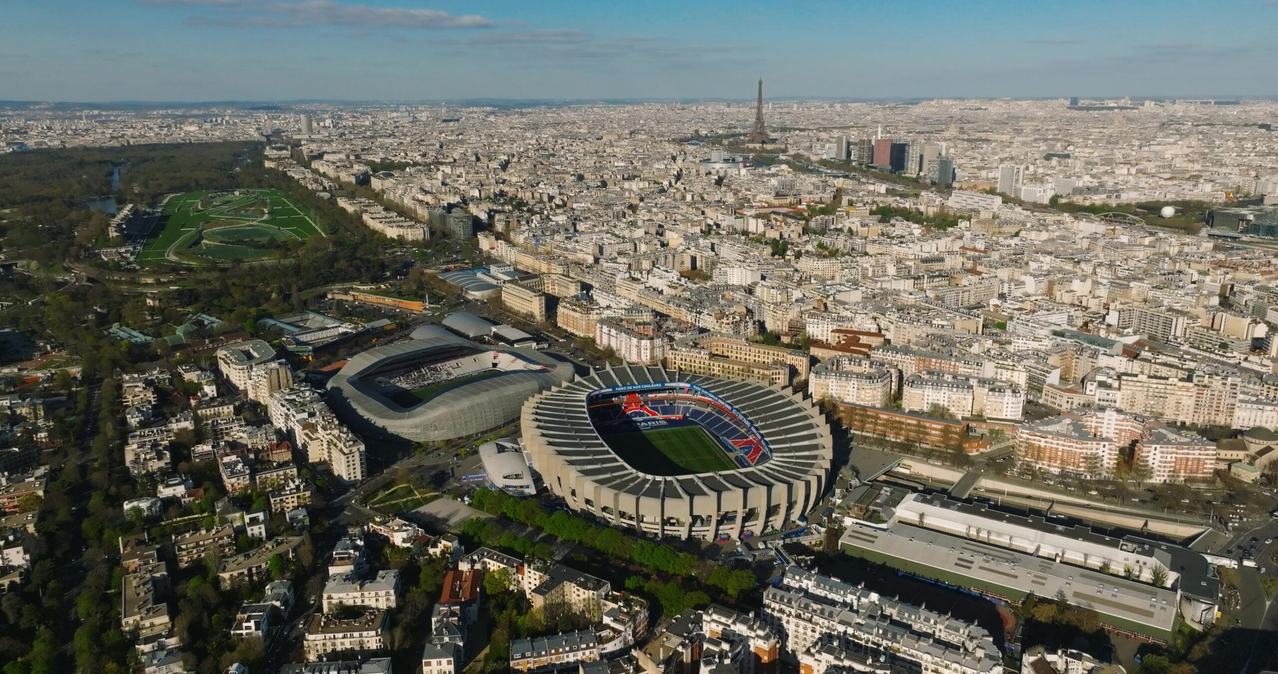 Drone view of a modern sports stadium in Paris PSG